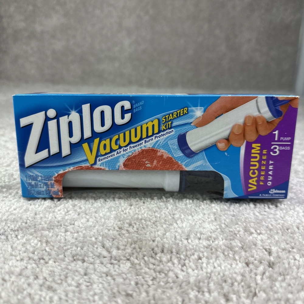 Ziploc Vacuum Starter Kit 1 Freezer Quart Size Pump & 3 Bags New Sealed Retired